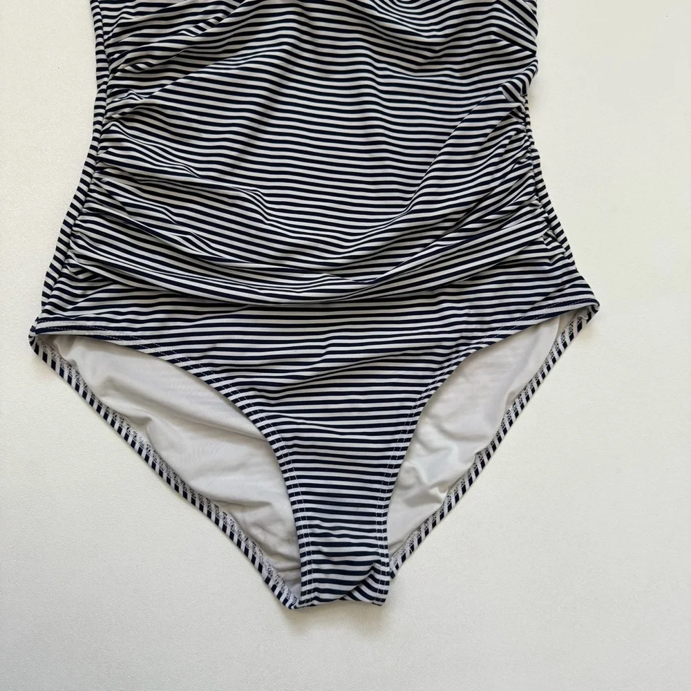 Niptuck Multi Fit Cup Stripe One Piece Bathing Suit Navy Blue White Women Size 8